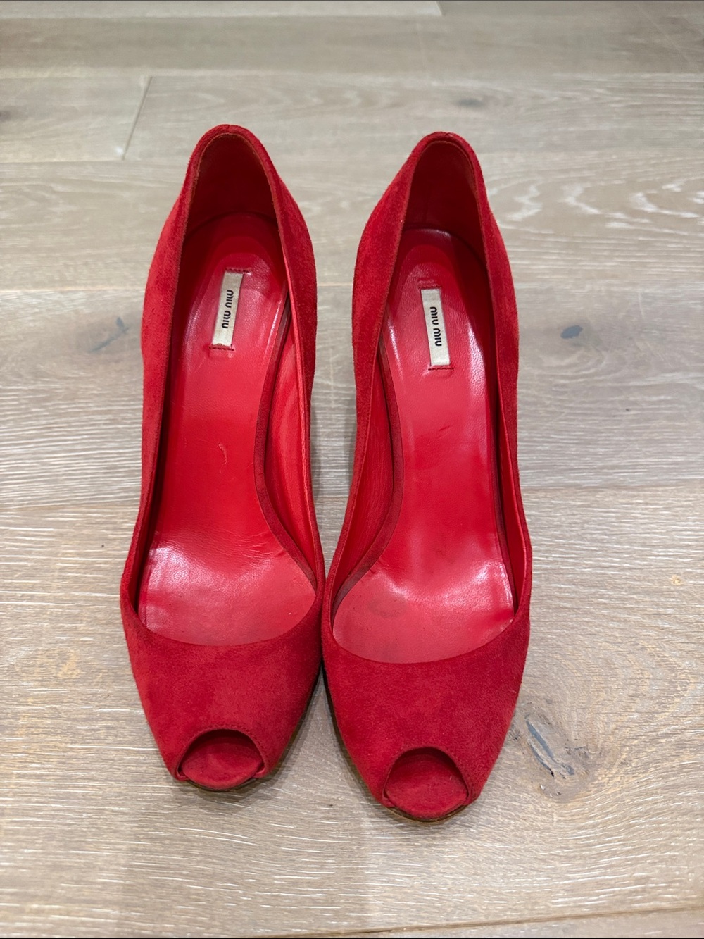 Miu Miu Red Suede Peep-Toe Pumps with Leather Insole